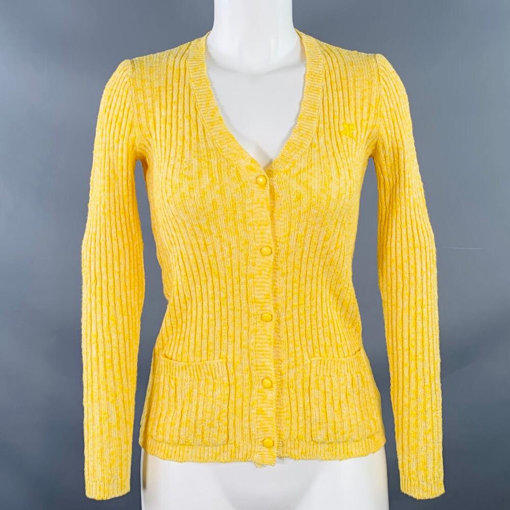 COURREGES Vintage Size XS Yellow Acrylic Blend Rib Knit V-Neck Cardigan